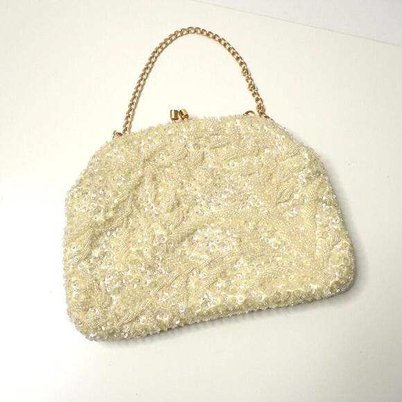 VTG Ivory Beaded Evening Bag Clutch Hand Made Vintage Bridal Glamor Retro Gold - Picture 1 of 9